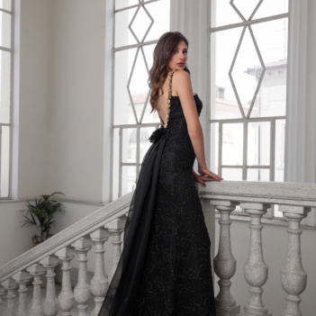 Abito ricamato con coda in organza di seta pura
